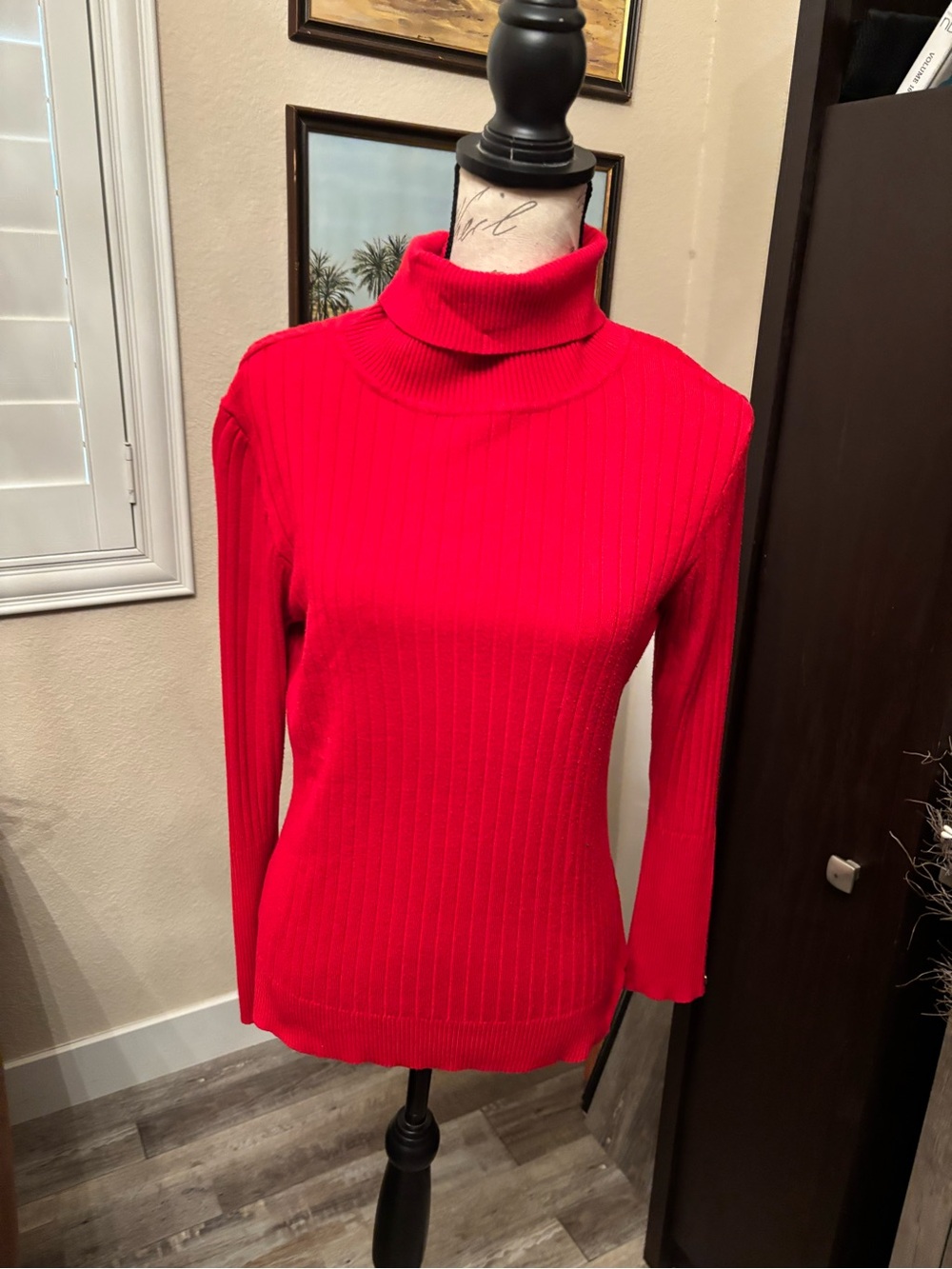 New York & Company Red Ribbed Turtleneck Sweater